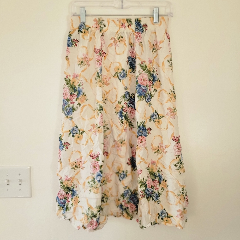High Waisted vintage midi skirt ivory floral cottagecore 80s 90s Y2K Lg